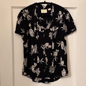 Anthropologie Maeve Black Blouse with White Floral Print